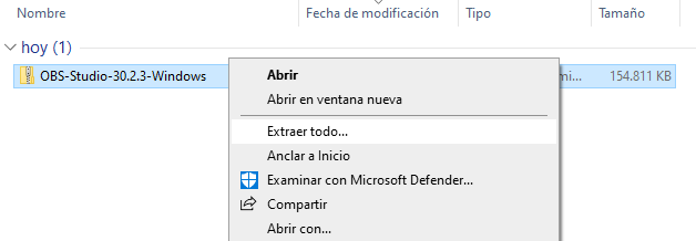 OBS Studio versión portable: descarga finalizada y extracción contenido