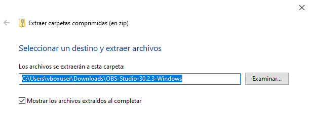 OBS Studio versión portable: extrayendo contenido del fichero zip