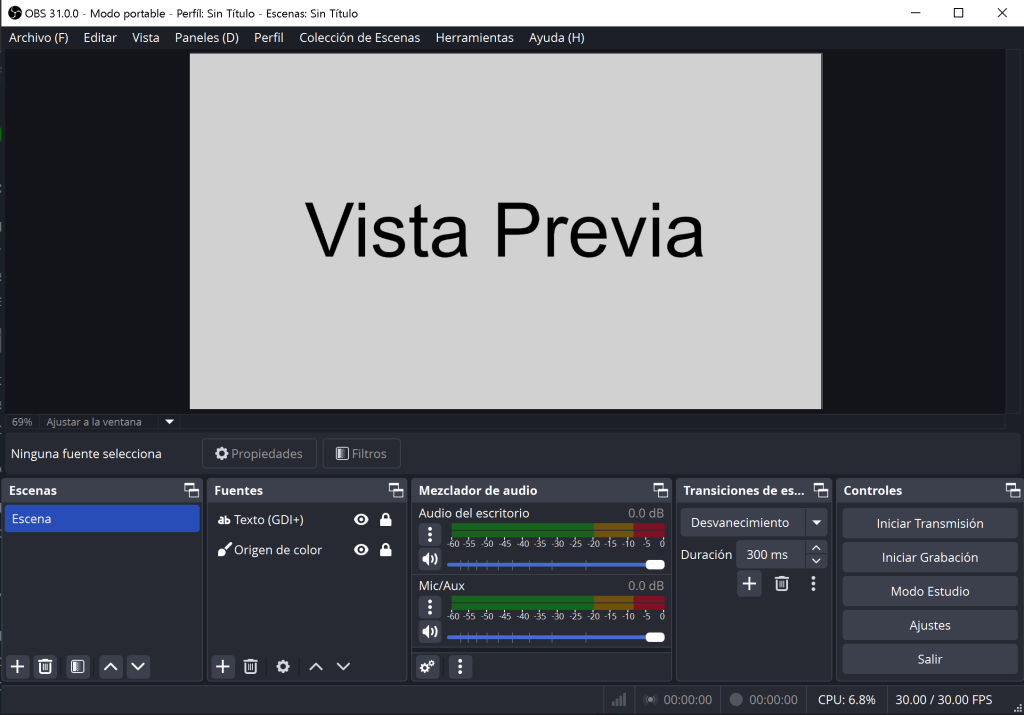 Panel de Vista Previa de OBS Studio